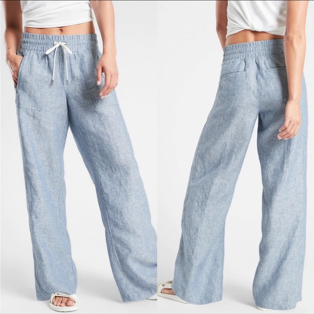 ATHLETA Cabo Linen Wide Leg Pant Chambray Coastal Beachy Travel Comfort Size 4P